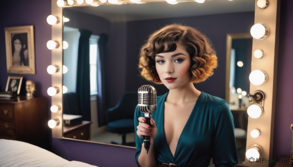 1girl,solo,breasts,looking at viewer,short hair,brown hair,holding,cleavage,brown eyes,medium breasts,collarbone,upper body,short sleeves,multicolored hair,belt,indoors,nail polish,blurry,lips,book,window,no bra,makeup,chair,table,blue shirt,lipstick,microphone,red nails,curly hair,realistic,nose,red lips,lamp,holding microphone,plunging neckline,smile,dress,parted lips,breasts apart,phonograph,portrait (object)