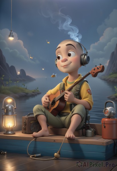 solo,smile,shirt,1boy,brown eyes,sitting,male focus,outdoors,sky,barefoot,cloud,water,night,headphones,bug,butterfly,instrument,child,yellow shirt,lantern,music,guitar,lamp,male child,playing instrument,radio,fire,smoke,mountain,watercraft,bald,boat,lake,fishing rod,kettle,log,tent