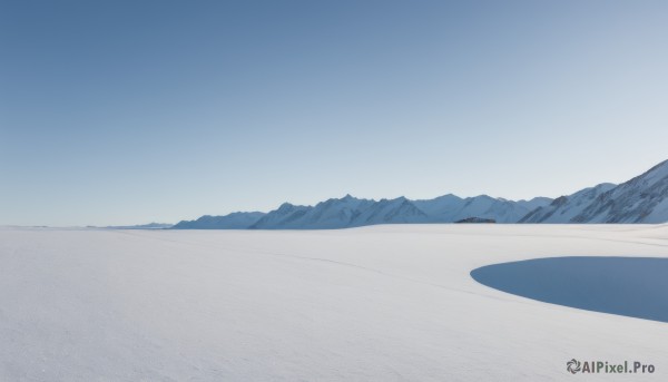 monochrome,outdoors,sky,day,blue sky,no humans,shadow,scenery,mountain,sand,horizon,road,landscape,mountainous horizon,desert,nature,snow,blue theme,footprints