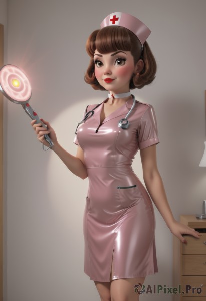 1girl,solo,breasts,looking at viewer,blush,smile,short hair,bangs,brown hair,hat,dress,holding,brown eyes,jewelry,medium breasts,standing,short sleeves,earrings,choker,shiny,indoors,nail polish,lips,makeup,lipstick,pink dress,red nails,curly hair,nurse cap,red lips,nurse,white choker,syringe,stethoscope,freckles,pink headwear,magnifying glass