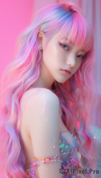 1girl,solo,long hair,breasts,looking at viewer,bangs,blue eyes,bare shoulders,jewelry,closed mouth,upper body,pink hair,multicolored hair,earrings,small breasts,artist name,blunt bangs,blurry,from side,lips,looking to the side,eyelashes,makeup,blurry background,wavy hair,gem,armlet,eyeshadow,pink lips,realistic,nose,medium breasts,blue hair,necklace,two-tone hair,gradient hair,expressionless,pink background,lipstick,eyeliner,mascara