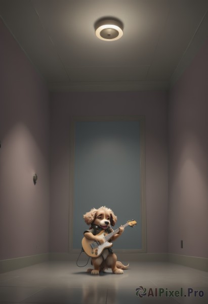 solo,smile,open mouth,holding,animal ears,standing,tail,full body,indoors,black eyes,no humans,instrument,dog ears,furry,reflection,dog,dog tail,door,music,guitar,playing instrument,holding instrument,brown fur,horror (theme),hallway,reflective floor,blue eyes,blonde hair,1boy,animalization,electric guitar