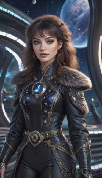 1girl,solo,long hair,breasts,looking at viewer,bangs,brown hair,hair ornament,gloves,long sleeves,brown eyes,jewelry,standing,jacket,cowboy shot,earrings,sky,black gloves,belt,pants,artist name,indoors,star (symbol),armor,lips,fur trim,window,bodysuit,makeup,night,watermark,black pants,moon,lipstick,gem,star (sky),starry sky,hoop earrings,realistic,nose,red lips,eyeliner,space,leather,planet,earth (planet),medium breasts,black bodysuit