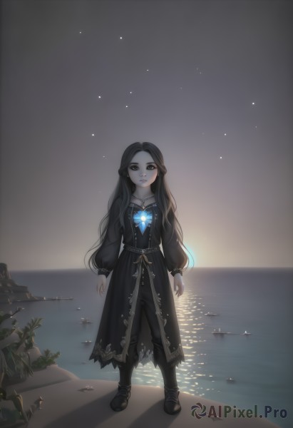 1girl,solo,long hair,looking at viewer,smile,brown hair,black hair,long sleeves,dress,brown eyes,jewelry,standing,collarbone,full body,braid,flower,boots,outdoors,parted lips,sky,pointy ears,puffy sleeves,pants,water,black footwear,black eyes,black dress,night,glowing,ocean,beach,black pants,plant,gem,pale skin,star (sky),night sky,forehead,starry sky,arms at sides,horizon,dark,watercraft,boat,very long hair,earrings,belt,artist name,necklace,watermark,brooch,pendant,puffy long sleeves,rock,sand