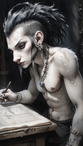 solo,black hair,1boy,navel,holding,jewelry,sitting,closed mouth,nipples,ponytail,grey hair,male focus,earrings,belt,pants,indoors,necklace,mole,bracelet,lips,grey eyes,book,mole under eye,muscular,piercing,abs,table,black nails,desk,topless male,open book,realistic,pen,pencil,hair pulled back,holding pen,writing,1girl,long hair,nail polish,makeup,ear piercing,pale skin,nose piercing,eyebrow piercing