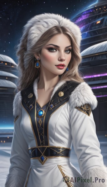 1girl,solo,long hair,breasts,looking at viewer,brown hair,long sleeves,hat,dress,brown eyes,jewelry,earrings,outdoors,parted lips,sky,belt,lips,coat,fur trim,makeup,night,lipstick,brooch,gem,star (sky),night sky,snow,eyeshadow,starry sky,snowing,nose,white coat,winter clothes,red lips,winter,fur-trimmed coat,fur hat,winter coat,ushanka,blue eyes,blonde hair,upper body,artist name,white dress,grey eyes,eyelashes,wavy hair,building,realistic,mascara