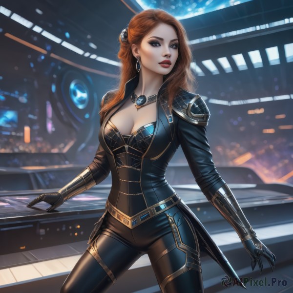 1girl,solo,long hair,breasts,looking at viewer,blue eyes,large breasts,brown hair,hair ornament,gloves,cleavage,brown eyes,jewelry,medium breasts,standing,cowboy shot,earrings,parted lips,black gloves,pants,necklace,armor,lips,bodysuit,makeup,lipstick,gauntlets,eyeshadow,realistic,black bodysuit,red lips,eyeliner,belt,phone,ground vehicle,skin tight,motor vehicle,science fiction,car