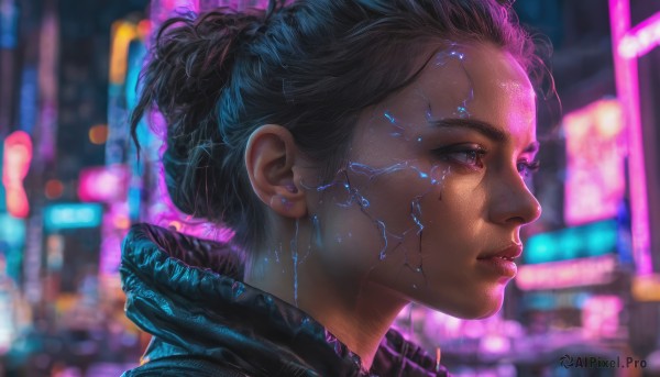 1girl, solo, short hair, black hair, purple eyes, jacket, parted lips, dark skin, pink eyes, blurry, from side, dark-skinned female, lips, profile, blurry background, portrait, science fiction, realistic, nose, cyberpunk