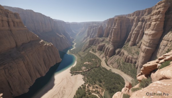 outdoors,sky,day,water,tree,blue sky,dutch angle,no humans,shadow,nature,scenery,forest,rock,mountain,sand,river,landscape,desert,cliff,signature,fantasy,waterfall,shore,cave