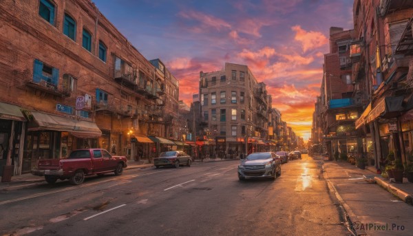 outdoors, sky, cloud, dutch angle, no humans, cloudy sky, ground vehicle, building, scenery, motor vehicle, reflection, sunset, city, sign, car, road, cityscape, lamppost, street, crosswalk, vanishing point