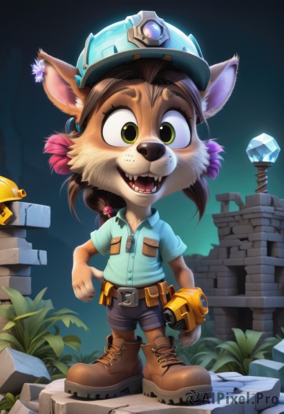 1girl,solo,looking at viewer,smile,open mouth,brown hair,shirt,hair ornament,gloves,1boy,hat,animal ears,jewelry,green eyes,standing,full body,short sleeves,earrings,boots,outdoors,shorts,teeth,collared shirt,belt,artist name,flat chest,fangs,watermark,brown footwear,feathers,blue shirt,plant,sharp teeth,gem,clenched hand,furry,blue headwear,single glove,freckles,pocket,crystal,furry female,furry male,body fur,buck teeth,faux figurine,long hair,bangs,holding,braid,flower,:d,shoes,shiny,signature,hair flower,gradient,gradient background,bell,buttons,black shorts,grass,hair bobbles,cross-laced footwear,black belt,pouch,green shirt,brown belt,breast pocket,belt pouch,brown shorts,brown fur,wrench,watering can