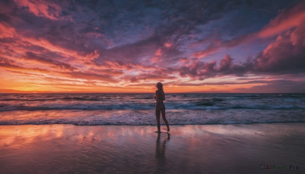 1girl, solo, standing, swimsuit, bikini, outdoors, sky, barefoot, cloud, water, dutch angle, ocean, beach, cloudy sky, scenery, walking, sunset, sand, horizon, wide shot