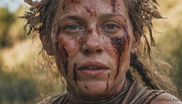 1girl,solo,long hair,looking at viewer,blue eyes,brown hair,black hair,hair ornament,green eyes,braid,flower,outdoors,parted lips,teeth,blurry,lips,blood,depth of field,blurry background,portrait,close-up,blood on face,realistic,dirty,day,messy hair,freckles