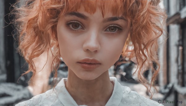 1girl,solo,looking at viewer,short hair,bangs,brown hair,brown eyes,closed mouth,outdoors,orange hair,blurry,lips,eyelashes,depth of field,blurry background,wavy hair,expressionless,thick eyebrows,portrait,snow,close-up,freckles,curly hair,realistic,nose,winter,straight-on,shirt,white shirt,collared shirt