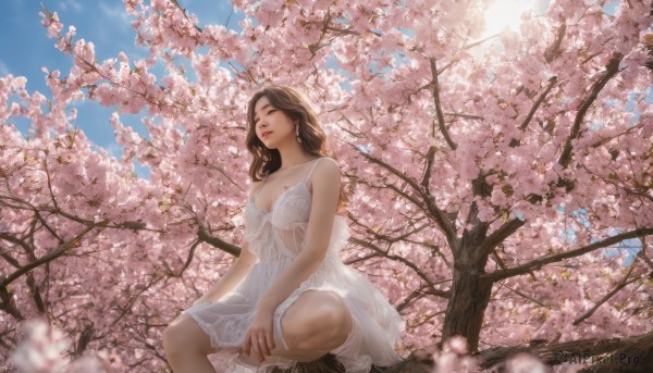 1girl, solo, long hair, breasts, brown hair, dress, cleavage, jewelry, sitting, closed eyes, flower, earrings, outdoors, parted lips, sky, day, white dress, tree, cherry blossoms, realistic