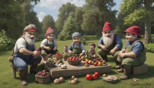 smile,open mouth,brown hair,shirt,hat,holding,sitting,white hair,male focus,boots,outdoors,food,multiple boys,sky,day,cloud,tree,blue sky,fruit,facial hair,brown footwear,grass,nature,red headwear,beard,sleeves rolled up,forest,6+boys,mustache,apple,basket,overalls,5boys,mushroom,old,old man,tomato,blue eyes,white shirt,pants,apron,animal,squatting,cloudy sky,holding food,blue shirt,denim,4boys,realistic,bandana,blue pants,pink headwear,bald,holding fruit,fat,stool,grapes,green pants,fat man,tree stump,blue overalls