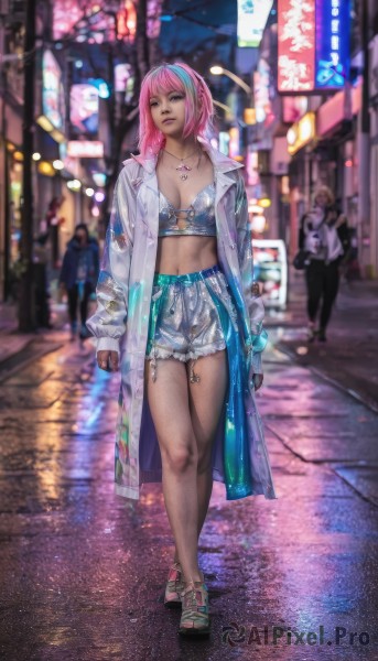 1girl,breasts,looking at viewer,bangs,long sleeves,navel,cleavage,jewelry,medium breasts,underwear,standing,jacket,full body,pink hair,multicolored hair,hairband,outdoors,open clothes,shoes,shorts,solo focus,midriff,medium hair,necklace,nail polish,bra,blurry,two-tone hair,lips,streaked hair,coat,sleeves past wrists,short shorts,night,blurry background,white jacket,sneakers,walking,open coat,white shorts,city,realistic,white coat,road,navel piercing,street,fashion,short hair,earrings,belt,pink eyes,high heels,open jacket,dark-skinned female,sandals,bikini top only,rain,toenails,denim shorts,toenail polish,cutoffs,cyberpunk