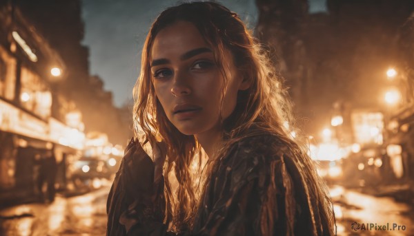 1girl,solo,long hair,looking at viewer,brown hair,black hair,closed mouth,upper body,outdoors,dark skin,blurry,black eyes,dark-skinned female,lips,night,depth of field,blurry background,expressionless,building,freckles,city,realistic,nose,brown eyes,from side,looking to the side,wavy hair,sunlight,thick eyebrows,portrait,forehead,backlighting,curly hair,light,bokeh