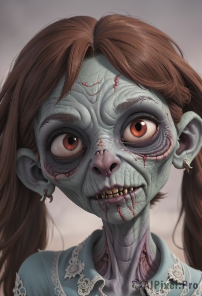 1girl,solo,long hair,looking at viewer,smile,brown hair,shirt,red eyes,twintails,brown eyes,jewelry,earrings,teeth,collared shirt,blood,colored skin,portrait,veins,stitches,grey skin,zombie,horror (theme),guro,blurry,clenched teeth,extra eyes