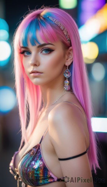 1girl,solo,long hair,breasts,looking at viewer,bangs,blue eyes,hair ornament,cleavage,bare shoulders,jewelry,medium breasts,closed mouth,blue hair,swimsuit,upper body,pink hair,bikini,multicolored hair,hairband,earrings,necklace,blurry,from side,two-tone hair,lips,eyelashes,makeup,depth of field,blurry background,gem,blue bikini,armlet,eyeshadow,freckles,realistic,nose,mascara,collarbone,parted lips,shiny,artist name,blunt bangs,aqua eyes,streaked hair,looking to the side,skindentation,watermark,expressionless,lipstick,straight hair,web address,multicolored clothes,lens flare,pink lips,purple bikini,strap gap,eyeliner,arm strap,bokeh,gold,blue gemstone