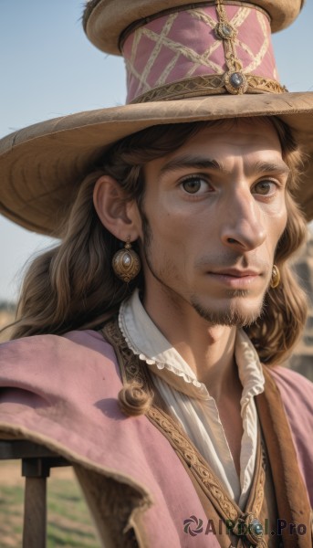 solo,long hair,looking at viewer,brown hair,shirt,1boy,hat,brown eyes,jewelry,closed mouth,white shirt,upper body,male focus,earrings,outdoors,sky,day,collared shirt,necklace,blurry,blue sky,lips,blurry background,facial hair,feathers,portrait,beard,freckles,curly hair,realistic,nose,stubble,hat feather,mole,mole under eye,gem,brown headwear