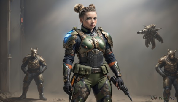 1girl,brown hair,gloves,holding,brown eyes,jewelry,weapon,earrings,boots,multiple boys,horns,solo focus,black gloves,belt,2boys,hair bun,holding weapon,armor,uniform,gun,military,bodysuit,military uniform,single hair bun,helmet,shoulder armor,holding gun,rifle,handgun,science fiction,hands on hips,pouch,realistic,assault rifle,knee pads,camouflage,full armor,power armor,soldier,solo,looking at viewer,1boy,standing,fingerless gloves,robot,mecha,spacecraft,concept art,redesign