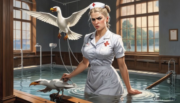 1girl,solo,breasts,looking at viewer,blue eyes,blonde hair,large breasts,hat,dress,braid,short sleeves,day,indoors,water,hair bun,white dress,lips,window,bird,animal,single hair bun,cross,wading,partially submerged,pocket,realistic,nose,nurse cap,pool,nurse,breast pocket,syringe,stethoscope,red cross,intravenous drip,hospital bed,tree,wet,makeup,scar,red lips,seagull