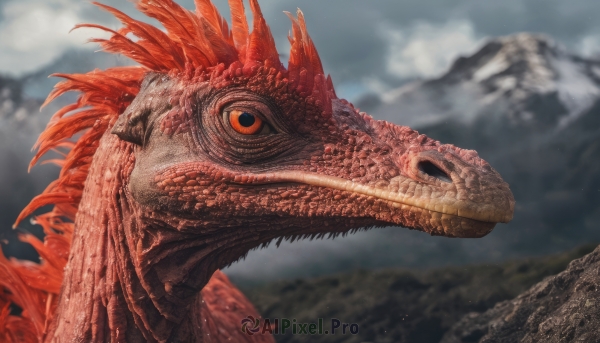 solo, open mouth, outdoors, sky, teeth, cloud, blurry, orange eyes, no humans, blurry background, cloudy sky, sharp teeth, mountain, realistic, dragon