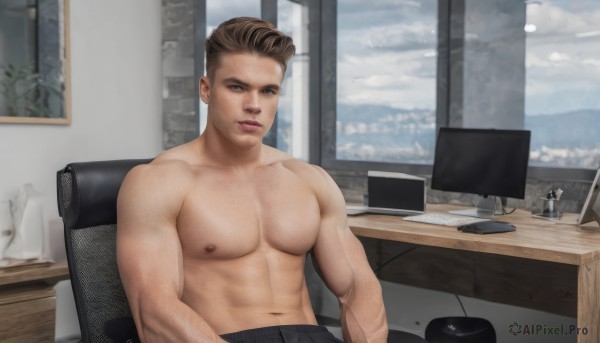 solo,looking at viewer,short hair,brown hair,1boy,navel,brown eyes,sitting,closed mouth,nipples,upper body,male focus,sky,pants,cloud,indoors,cup,window,muscular,chair,abs,pectorals,muscular male,bara,large pectorals,topless male,realistic,lamp,computer,keyboard (computer),blue eyes,day,black pants,desk,meme,monitor