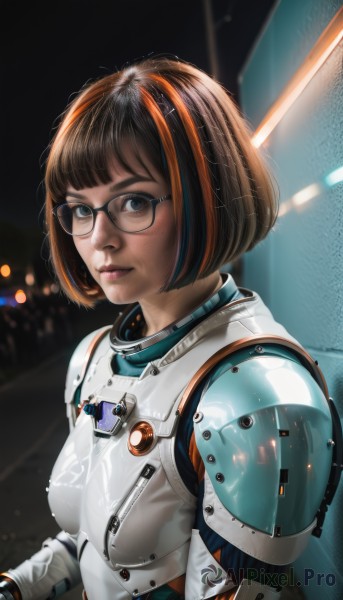 1girl,solo,breasts,looking at viewer,short hair,bangs,brown hair,black hair,brown eyes,closed mouth,upper body,multicolored hair,glasses,blunt bangs,orange hair,armor,blurry,black eyes,two-tone hair,lips,streaked hair,bodysuit,blurry background,bob cut,shoulder armor,freckles,science fiction,black-framed eyewear,breastplate,realistic,nose,spacesuit,blue eyes,power armor