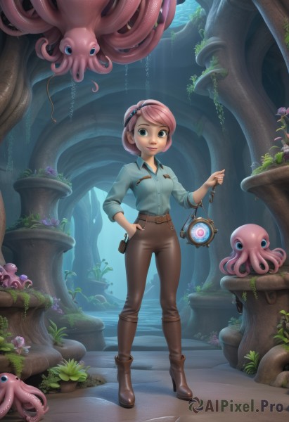 1girl,solo,breasts,looking at viewer,smile,short hair,blue eyes,shirt,hair ornament,holding,medium breasts,green eyes,standing,full body,pink hair,flower,hairband,boots,collared shirt,belt,pants,artist name,signature,water,black footwear,high heels,lips,hand on hip,makeup,swept bangs,leaf,watermark,brown footwear,sunlight,knee boots,blue shirt,plant,lipstick,web address,tentacles,sleeves rolled up,high heel boots,contrapposto,pocket,hand in pocket,light rays,lantern,nose,lamp,sunbeam,brown pants,vines,mushroom,octopus,holding lantern,seaweed,long sleeves,jewelry,parted lips,dress shirt,headphones,ankle boots