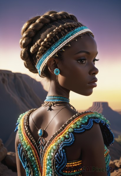 1girl,solo,short hair,brown hair,hair ornament,bare shoulders,brown eyes,jewelry,upper body,braid,earrings,outdoors,parted lips,sky,looking back,artist name,dark skin,necklace,from behind,blurry,dark-skinned female,lips,eyelashes,tattoo,profile,blurry background,headband,gem,backlighting,beads,sunset,mountain,nose,looking afar,very dark skin,mountainous horizon,hair beads,sunrise,dreadlocks,multiple braids,black hair,dress,closed mouth,choker,watermark,back,sunlight,web address,curly hair,crown braid,shoulder blades