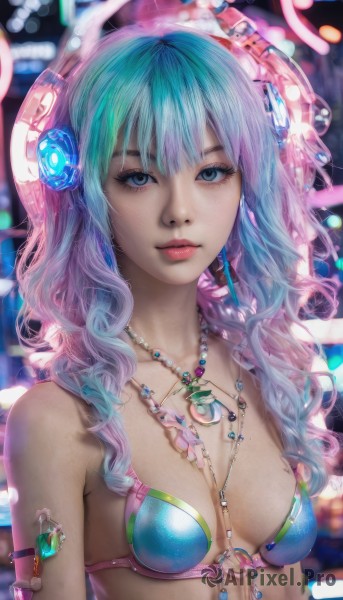 1girl,solo,long hair,breasts,looking at viewer,bangs,blue eyes,hair ornament,cleavage,bare shoulders,jewelry,medium breasts,closed mouth,blue hair,collarbone,swimsuit,upper body,pink hair,bikini,multicolored hair,small breasts,necklace,blurry,lips,eyelashes,aqua hair,gradient hair,makeup,blurry background,headphones,wavy hair,gem,bikini top only,blue bikini,armlet,o-ring,realistic,nose,earrings,artist name,pink lips,mascara