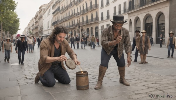 short hair,brown hair,shirt,black hair,hat,holding,jewelry,jacket,male focus,boots,outdoors,food,multiple boys,open clothes,day,striped,belt,pants,necklace,bag,tree,kneeling,facial hair,black pants,building,beard,6+boys,cigarette,brown jacket,striped shirt,city,realistic,mustache,smoking,road,leather,street,crowd,leather jacket,cigar,pavement,open jacket,knee boots,denim,jeans,bucket