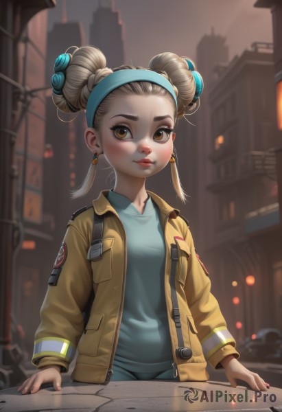 1girl,solo,looking at viewer,blush,brown hair,shirt,long sleeves,brown eyes,jewelry,closed mouth,jacket,upper body,hairband,earrings,outdoors,open clothes,artist name,hair bun,nail polish,blurry,open jacket,lips,double bun,depth of field,blurry background,blue shirt,building,forehead,city,yellow jacket,blue hairband,hair ornament,makeup,lipstick,freckles,brown jacket,nose,red lips