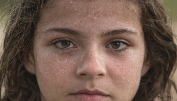 1girl,solo,long hair,looking at viewer,brown hair,1boy,brown eyes,closed mouth,male focus,lips,expressionless,portrait,close-up,freckles,realistic,nose,blurry,eyelashes,messy hair