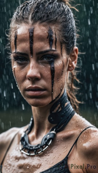 A female portrayed in a vivid rainy dynamic scene