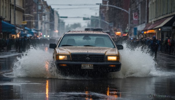 outdoors,blurry,no humans,ground vehicle,building,scenery,motor vehicle,reflection,rain,city,sign,car,road,vehicle focus,power lines,lamppost,street,utility pole,road sign,grey sky,traffic light,sports car,truck,crosswalk,multiple boys,sky,day,water,night,depth of field,blurry background,multiple others,people,real world location