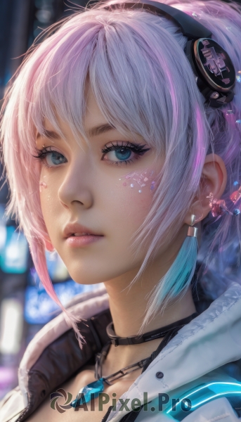 1girl,solo,looking at viewer,short hair,bangs,blue eyes,hair ornament,jewelry,collarbone,jacket,pink hair,white hair,multicolored hair,hairband,earrings,parted lips,choker,necklace,blurry,lips,eyelashes,makeup,blurry background,black choker,white jacket,portrait,close-up,pendant,realistic,nose,mascara,hair between eyes,sidelocks,artist name,depth of field,headphones,watermark,facial mark,gem,tassel,web address,eyeshadow,zipper,pink lips,eyeliner