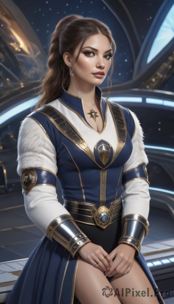 1girl,solo,long hair,breasts,looking at viewer,skirt,brown hair,long sleeves,dress,cleavage,brown eyes,jewelry,medium breasts,sitting,ponytail,earrings,belt,necklace,star (symbol),lips,fur trim,makeup,blue dress,ring,own hands together,lipstick,realistic,nose,space,thighs,artist name,tattoo,watermark,instrument,piano,hands on lap