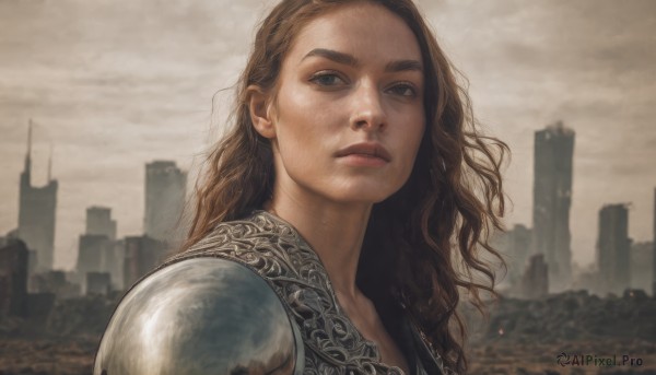 1girl,solo,long hair,looking at viewer,blue eyes,brown hair,closed mouth,upper body,outdoors,sky,cloud,armor,lips,wavy hair,expressionless,cloudy sky,shoulder armor,building,portrait,freckles,curly hair,pauldrons,city,realistic,nose,ruins,grey sky,chainmail,signature,blurry,thick eyebrows,cityscape,overcast