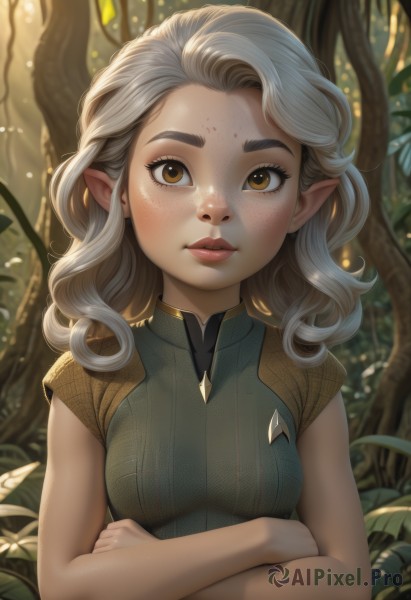 1girl,solo,long hair,breasts,looking at viewer,blush,shirt,brown eyes,medium breasts,closed mouth,upper body,white hair,short sleeves,grey hair,small breasts,outdoors,pointy ears,artist name,tree,lips,crossed arms,thick eyebrows,elf,nature,forehead,forest,freckles,curly hair,body freckles,brown hair,sleeveless,blurry,eyelashes,leaf,watermark,nose