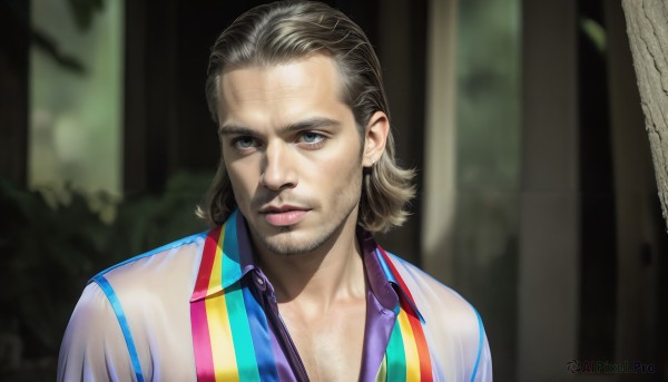 HQ,solo,looking at viewer,blue eyes,brown hair,shirt,black hair,1boy,jewelry,closed mouth,upper body,male focus,earrings,outdoors,striped,collared shirt,blurry,tree,lips,blurry background,facial hair,nature,beard,forest,striped shirt,realistic,mustache,stubble,chest hair,white shirt,open clothes,open shirt,portrait,multicolored clothes,nose,purple shirt,multicolored shirt