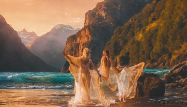 1girl,long hair,short hair,multiple girls,blonde hair,long sleeves,1boy,dress,2girls,standing,red hair,outdoors,sky,barefoot,cloud,wide sleeves,water,from behind,white dress,looking at another,holding hands,ocean,beach,scenery,wading,sunset,robe,rock,mountain,skirt hold,sand,splashing,waves,desert,brown hair,black hair,wings,3girls,hair bun,single hair bun,fairy