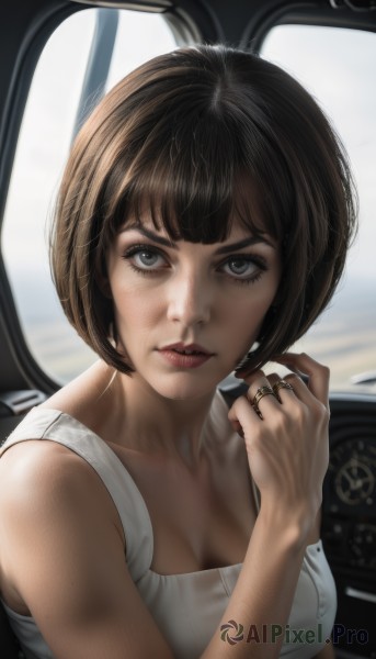 1girl,solo,breasts,looking at viewer,short hair,bangs,brown hair,shirt,black hair,cleavage,bare shoulders,jewelry,medium breasts,collarbone,white shirt,upper body,parted lips,sleeveless,hand up,blurry,black eyes,lips,grey eyes,eyelashes,makeup,blurry background,bob cut,ring,tank top,ground vehicle,motor vehicle,realistic,nose,car,white tank top,dirty,blunt bangs,car interior