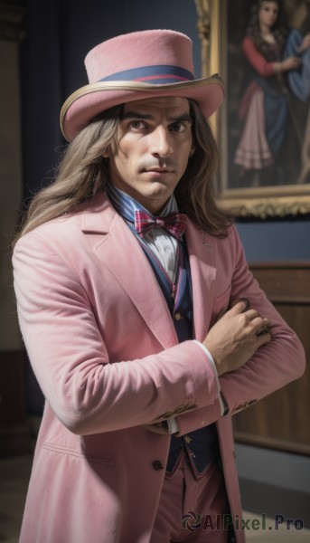 solo,long hair,looking at viewer,blonde hair,brown hair,shirt,long sleeves,1boy,hat,bow,brown eyes,jewelry,closed mouth,standing,jacket,male focus,cowboy shot,open clothes,striped,pants,indoors,bowtie,blurry,black eyes,vest,red bow,lips,coat,buttons,blurry background,formal,crossed arms,suit,red bowtie,open coat,top hat,realistic,nose,pink headwear,pink jacket,blue vest,brown pants,painting (object),reference inset,ring