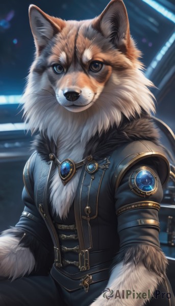 solo,looking at viewer,smile,blue eyes,long sleeves,1boy,animal ears,jewelry,sitting,closed mouth,jacket,male focus,belt,pants,artist name,blurry,black jacket,fur trim,no humans,blurry background,animal,brooch,gem,furry,furry male,body fur,animal focus,white fur,blue gemstone,brown eyes,upper body,fur collar,wolf