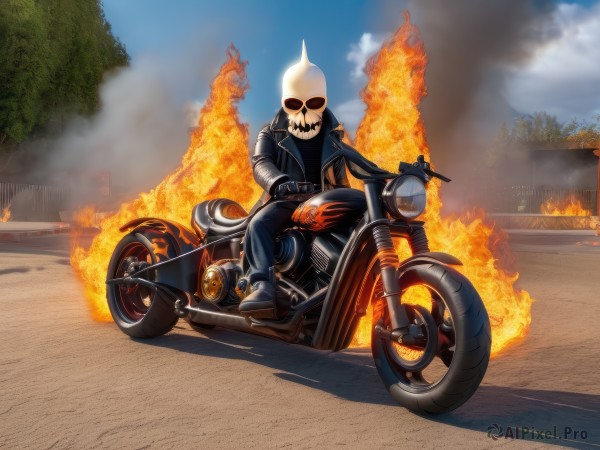 solo,looking at viewer,gloves,1boy,sitting,jacket,male focus,boots,outdoors,sky,day,pants,black footwear,tree,black jacket,sunglasses,fire,ground vehicle,motor vehicle,smoke,skull,road,leather,motorcycle,leather jacket,burning,aviator sunglasses,shirt,long sleeves,open clothes,horns,teeth,black gloves,cloud,open jacket,blue sky,black pants,denim,building,spikes,jeans,skeleton,flame