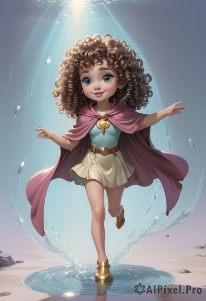 1girl,solo,long hair,looking at viewer,smile,blue eyes,skirt,brown hair,standing,full body,shoes,belt,signature,dark skin,water,cape,dark-skinned female,lips,short dress,sunlight,standing on one leg,white skirt,child,reflection,walking,curly hair,light rays,ripples,puddle,pink cape,dress,brown footwear,standing on liquid,walking on liquid