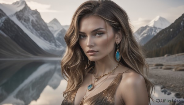 1girl,solo,long hair,breasts,looking at viewer,brown hair,dress,cleavage,bare shoulders,brown eyes,jewelry,closed mouth,collarbone,upper body,earrings,outdoors,sleeveless,necklace,blurry,lips,blurry background,wavy hair,mountain,realistic,sky,makeup,sleeveless dress,gem,snow